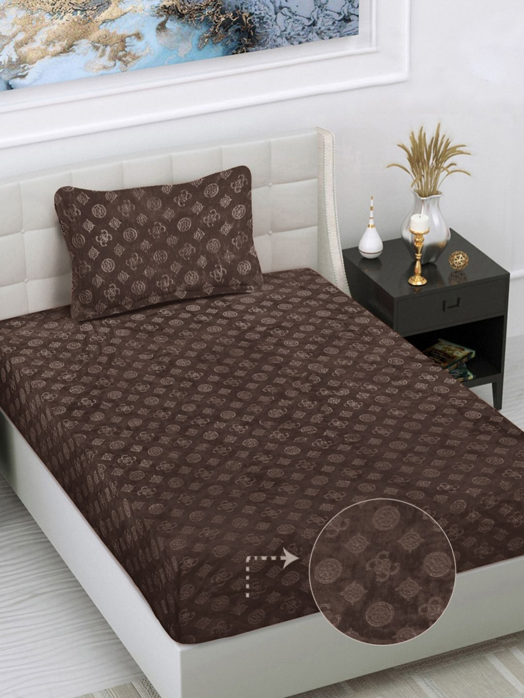 Myntra Elegant Homes Coffee Brown Embossed Woollen 300 TC Single Bedsheet Set 2.25m x 1.5m