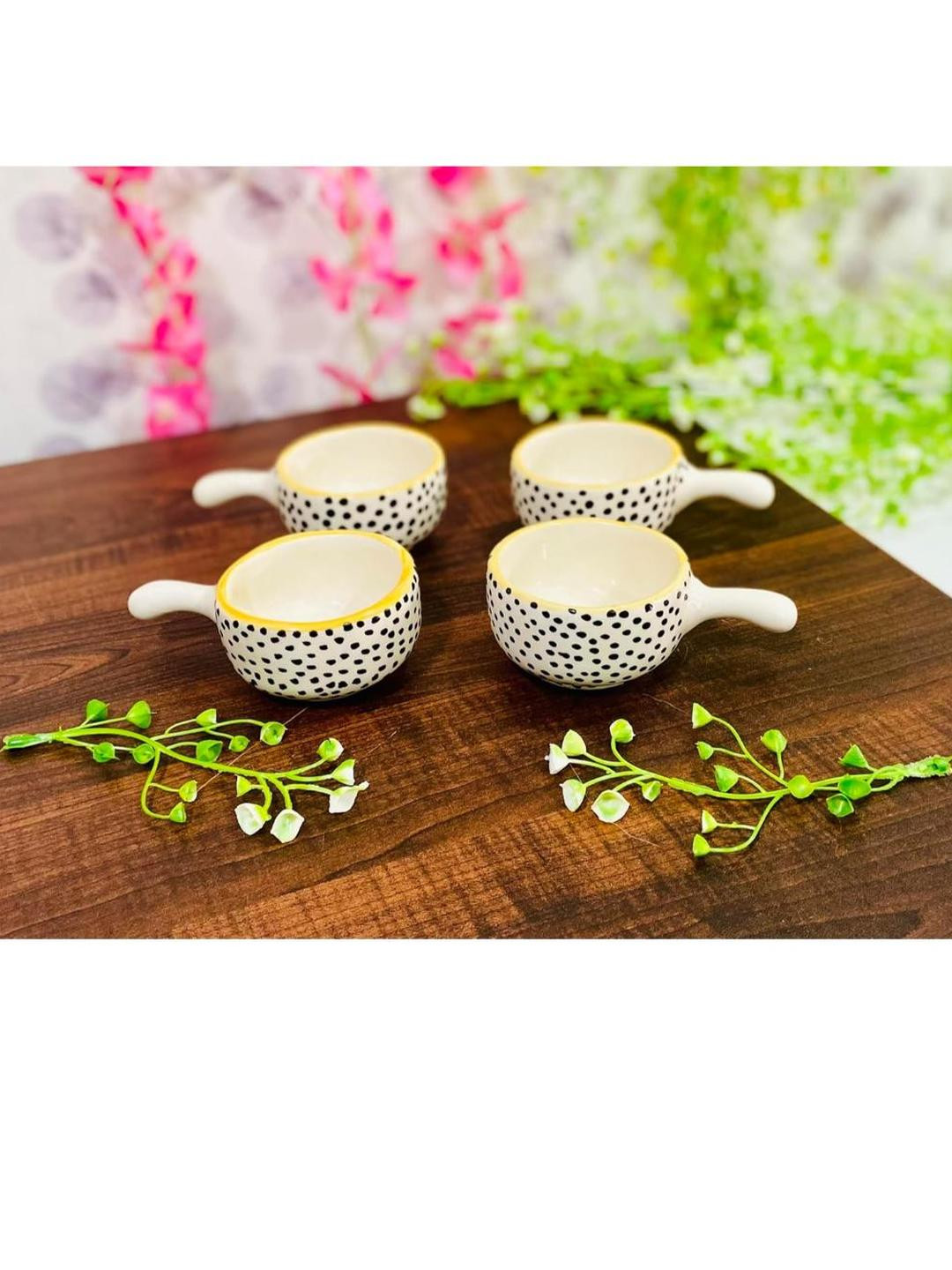 ALTAICA Set of 4 Black Dot Print Ceramic Stoneware 80ml Small Sauce Bowl with Handle