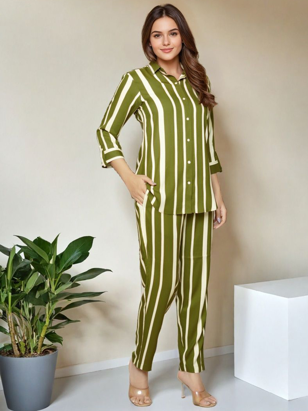 SZN Striped Collared Neck Three Fourth Sleeves Shirt With Trouser Co-Ords