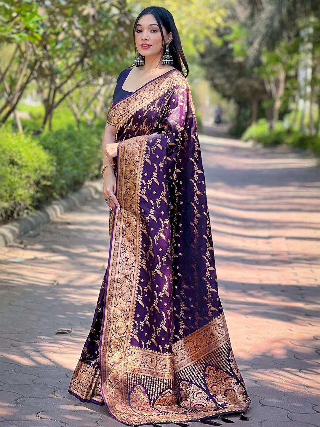 ELITE WEAVES Floral Zari Satin Banarasi Saree