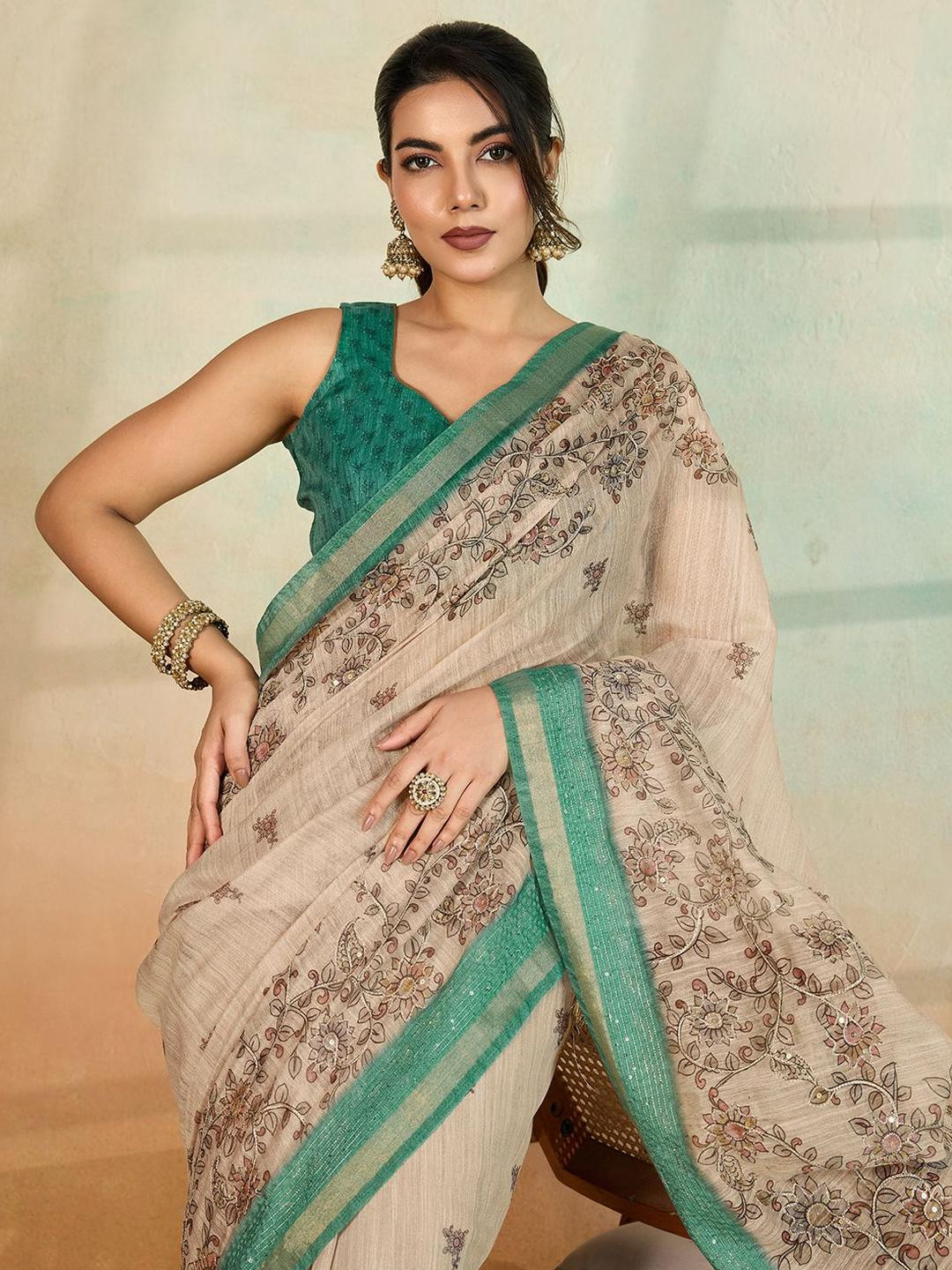 100 Dreams Ethnic Motifs Sequinned Block Print Saree