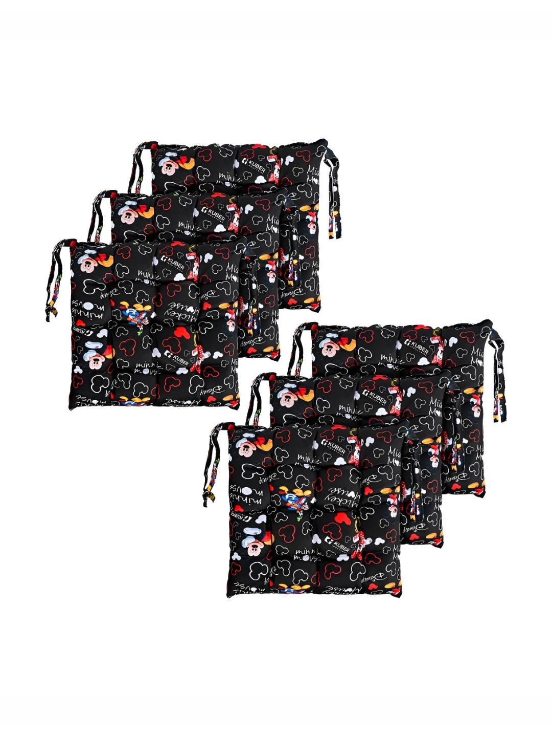 YK 6-Pcs Black & Red Disney Printed Square Chair Pads