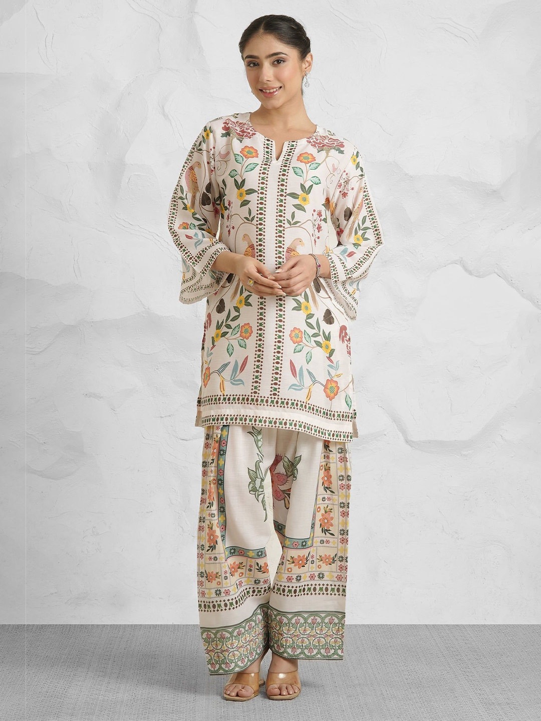 HOUSE OF KARI Bird & Floral Printed Round Neck Top With Palazzo Ethnic Co-Ords