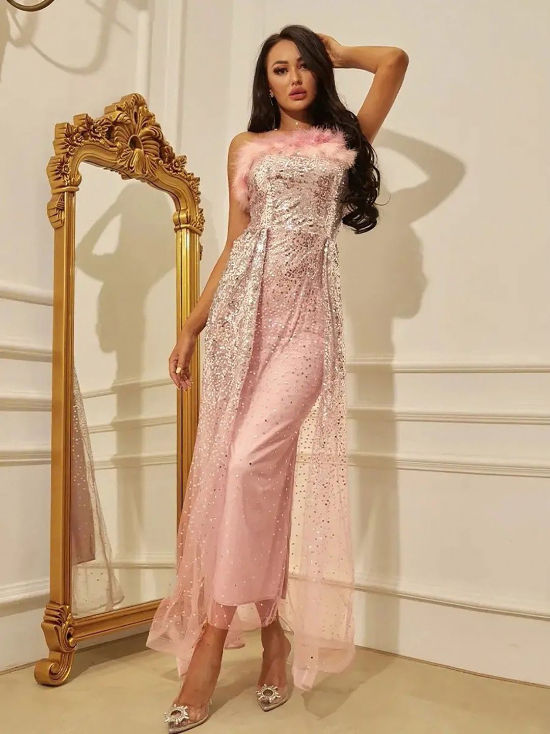 JC Mode Embellished Faux Fur Trim Tulle Maxi Dress