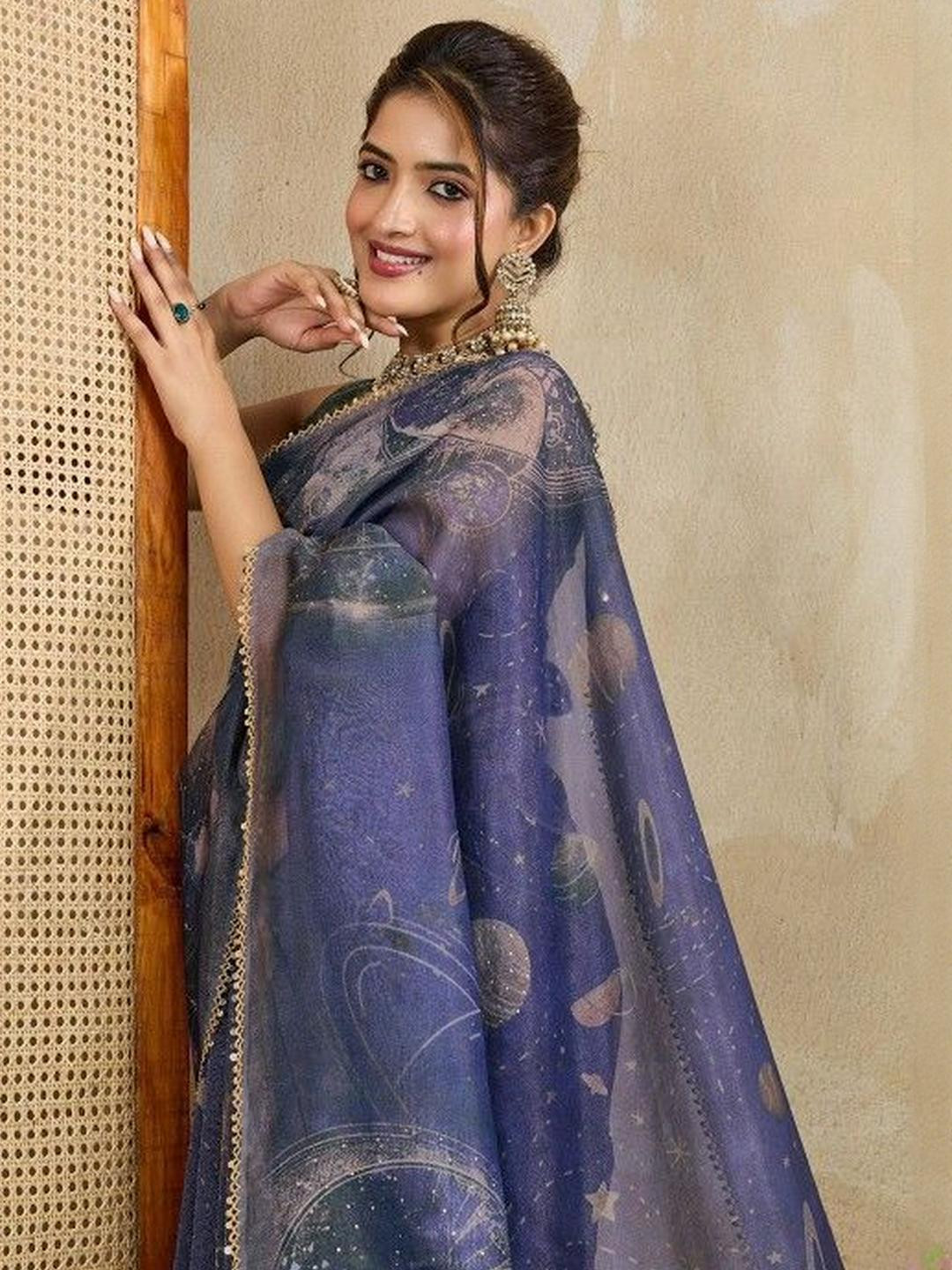 KARAGIRI Navyblue Pure Tissue Mokaish And Sequins Embellished Saree