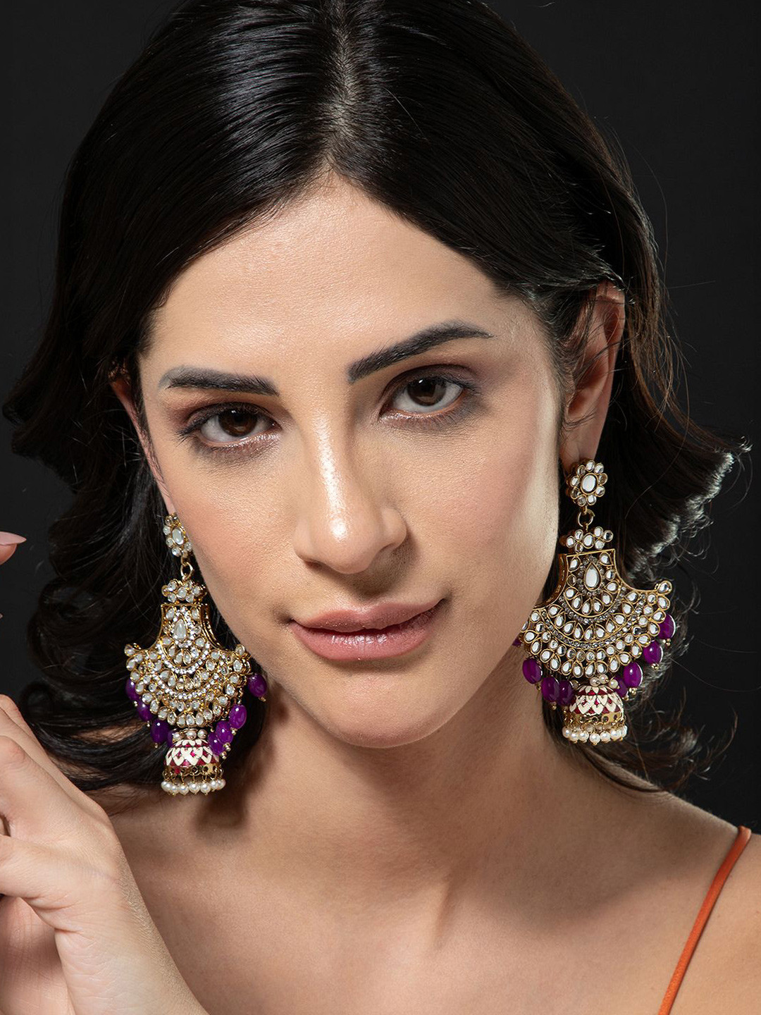 SHONA'S STYLE Brass-Plated Zircon Studded And Pearls Beaded Dome Shaped Jhumkas