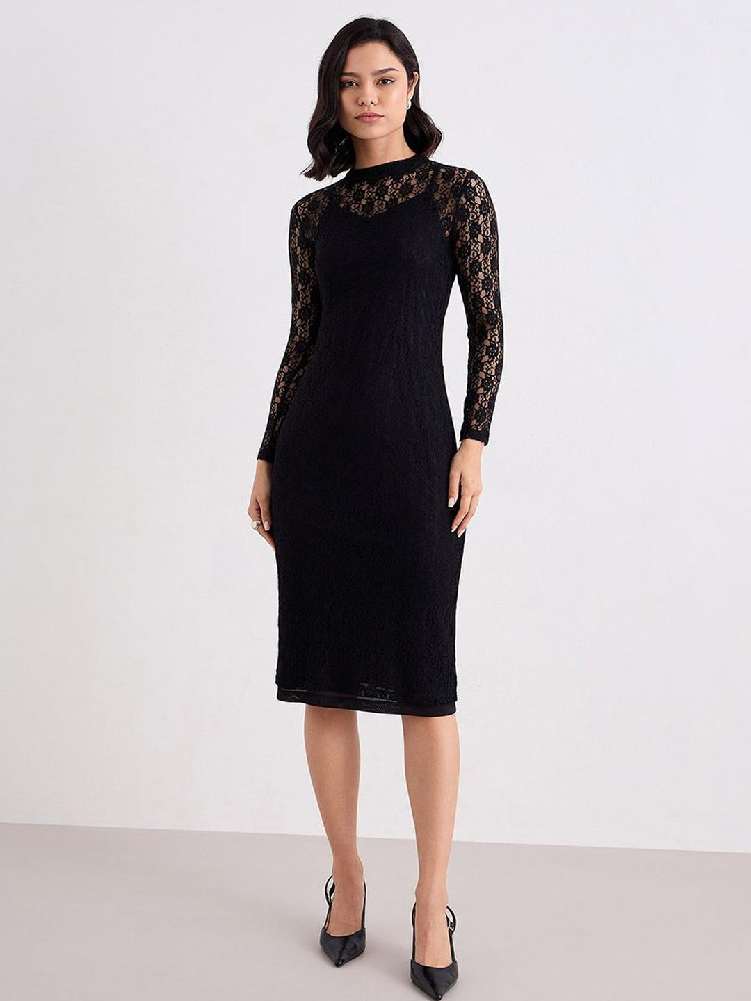 Styli Lace Inserts High Neck Sheath Midi Dress