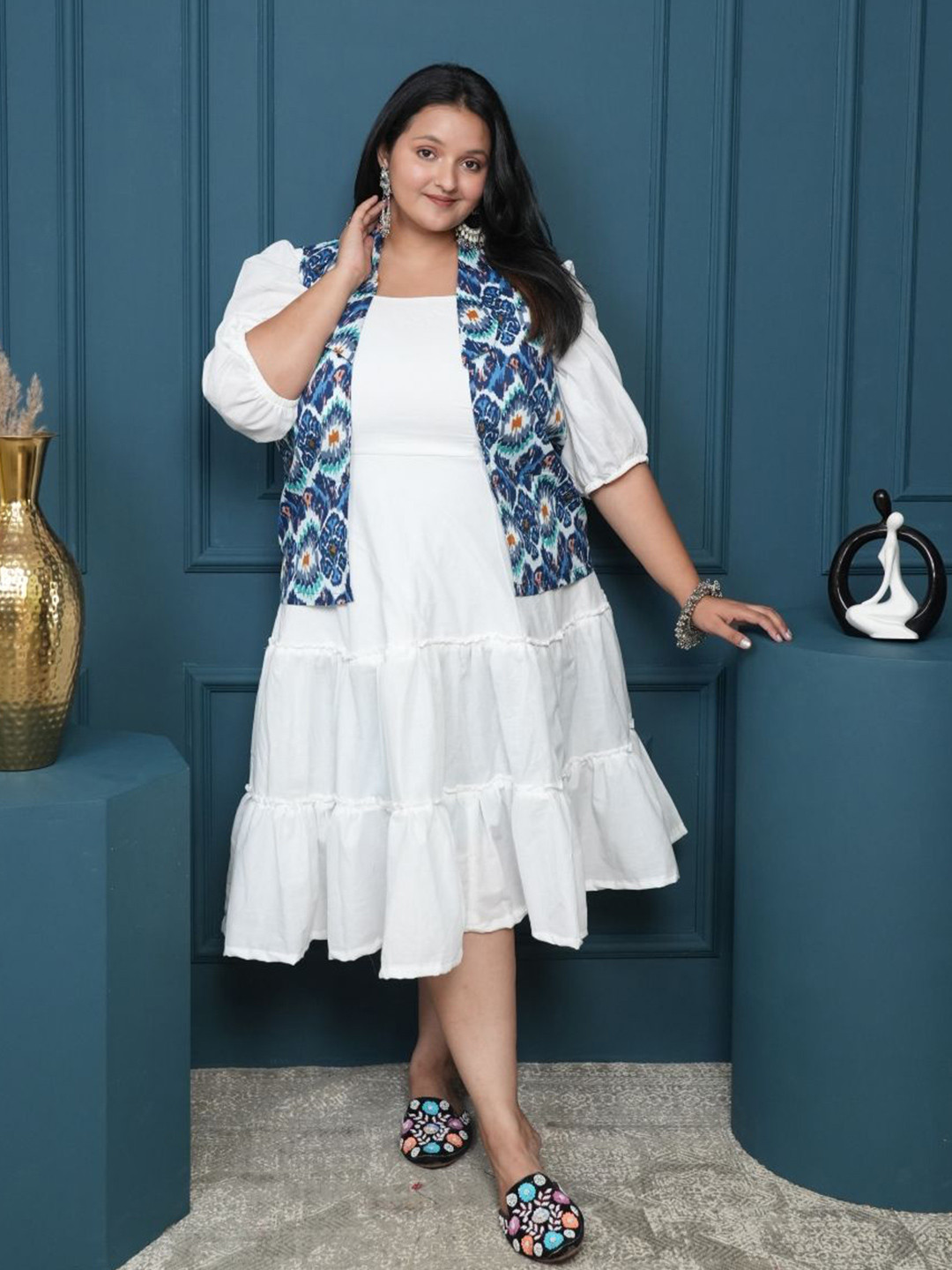 Swadeshi Shringaar Women Plus Size Tiered Fit & Flare Midi Dress With Printed Jacket