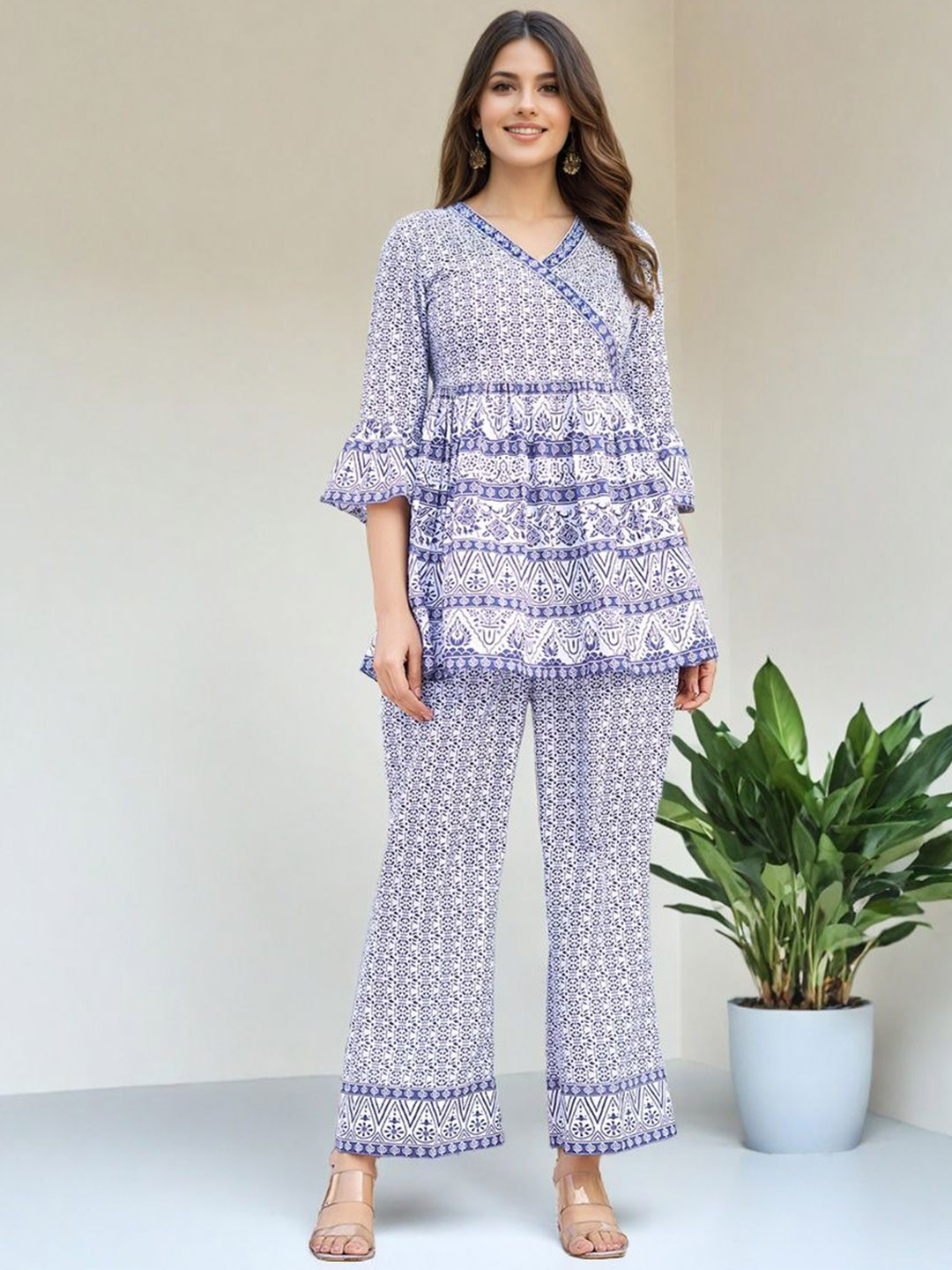 SZN Printed V-Neck Threee Fourth Sleeves Top With Trouser Co-Ords