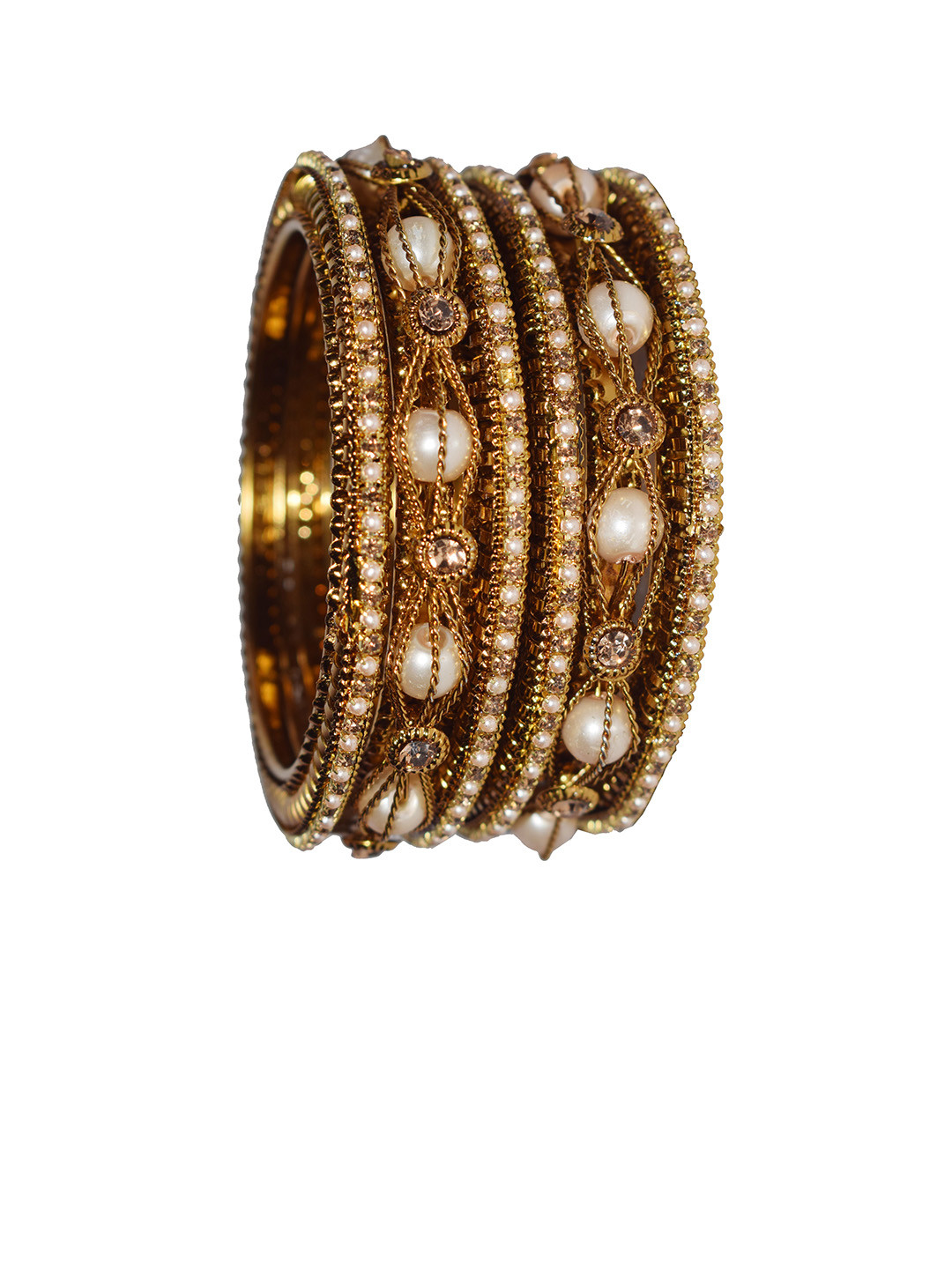 traditional Set Of 6 Gold-Plated Pearls-Beaded Bangles