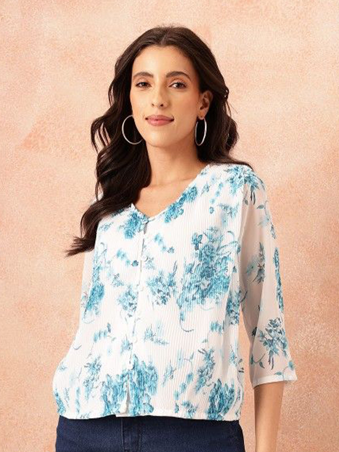 Madhuni Floral Printed V-Neck Accordion Pleats Shirt Styles Top