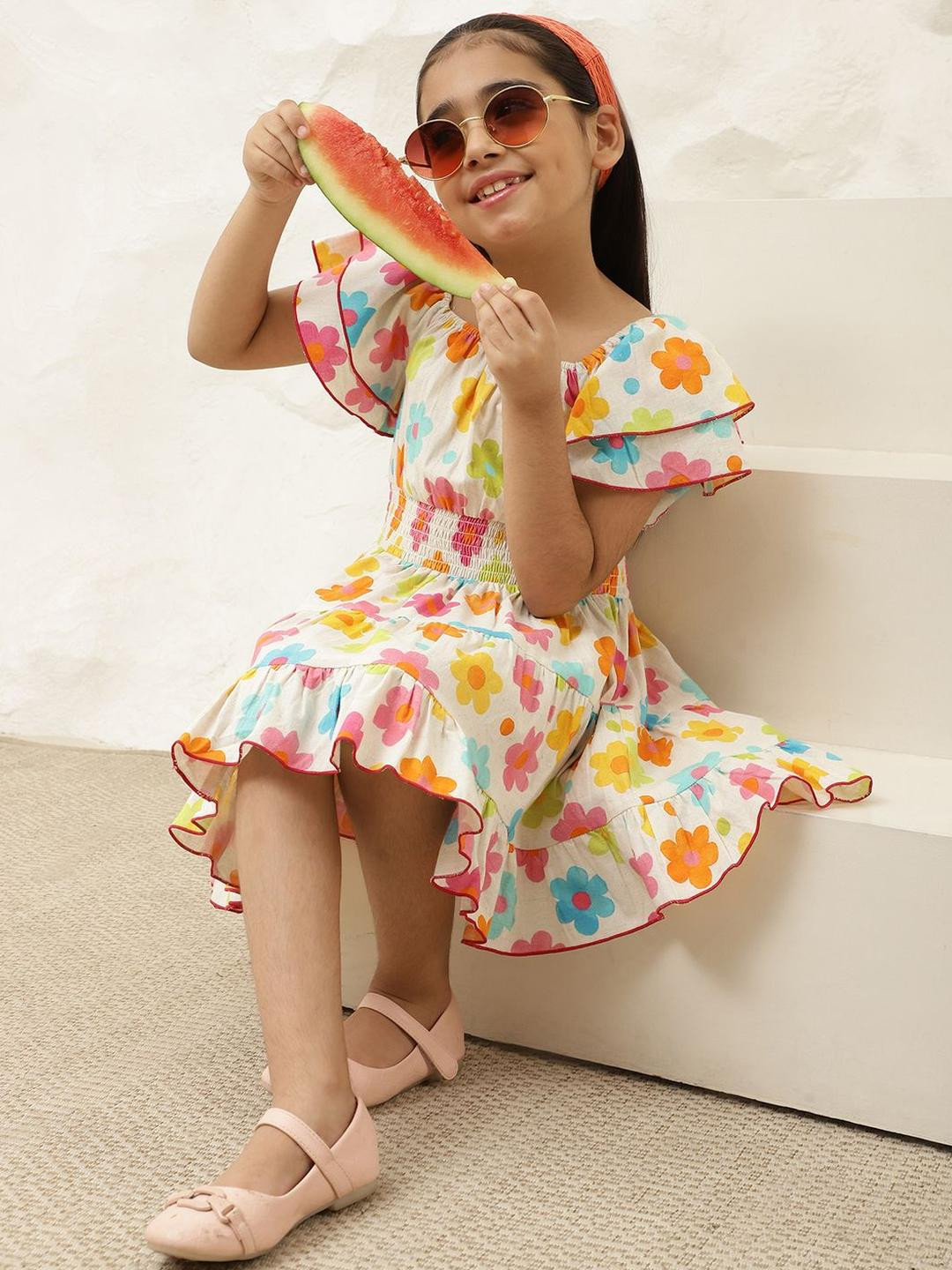 Bugandbees Girls Floral Print Bell Sleeve Pure Cotton Smocked Tiered Fit & Flare Dress