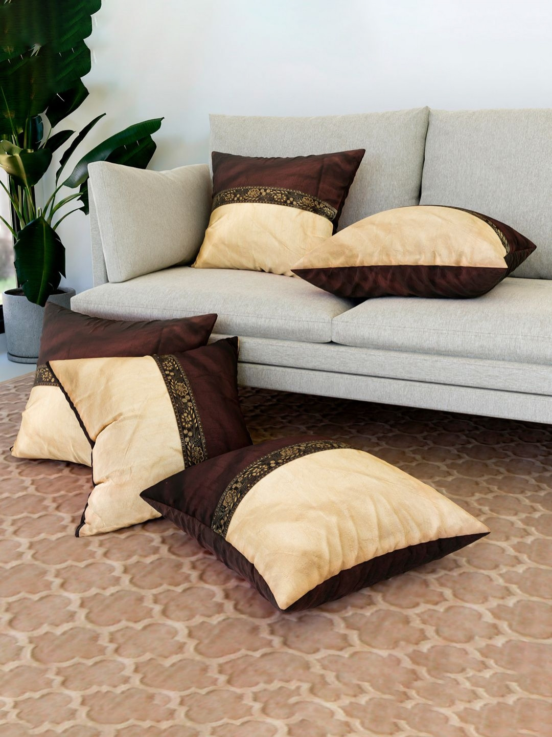 RUBOXA Brown And Yellow 5 Pieces Geometric Printed Square Cushion Covers