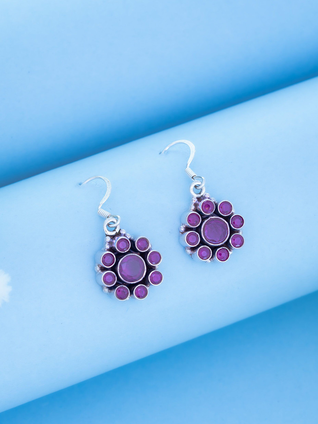 Dab Sterling Silver Artificial Stones Studded Circular Shaped Drop Earrings