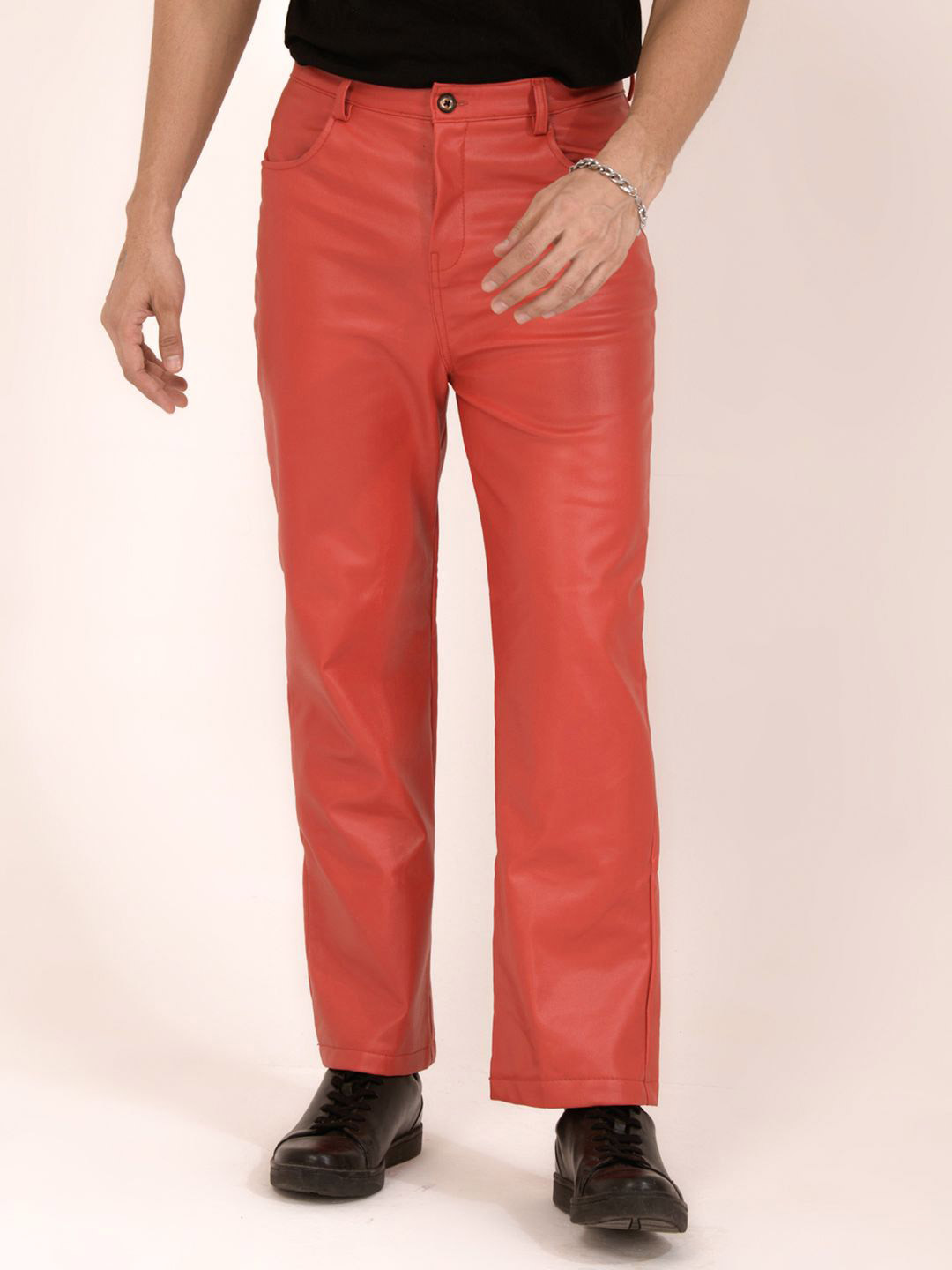 TANDUL Men Smart Fit Mid-Rise Leather Trousers