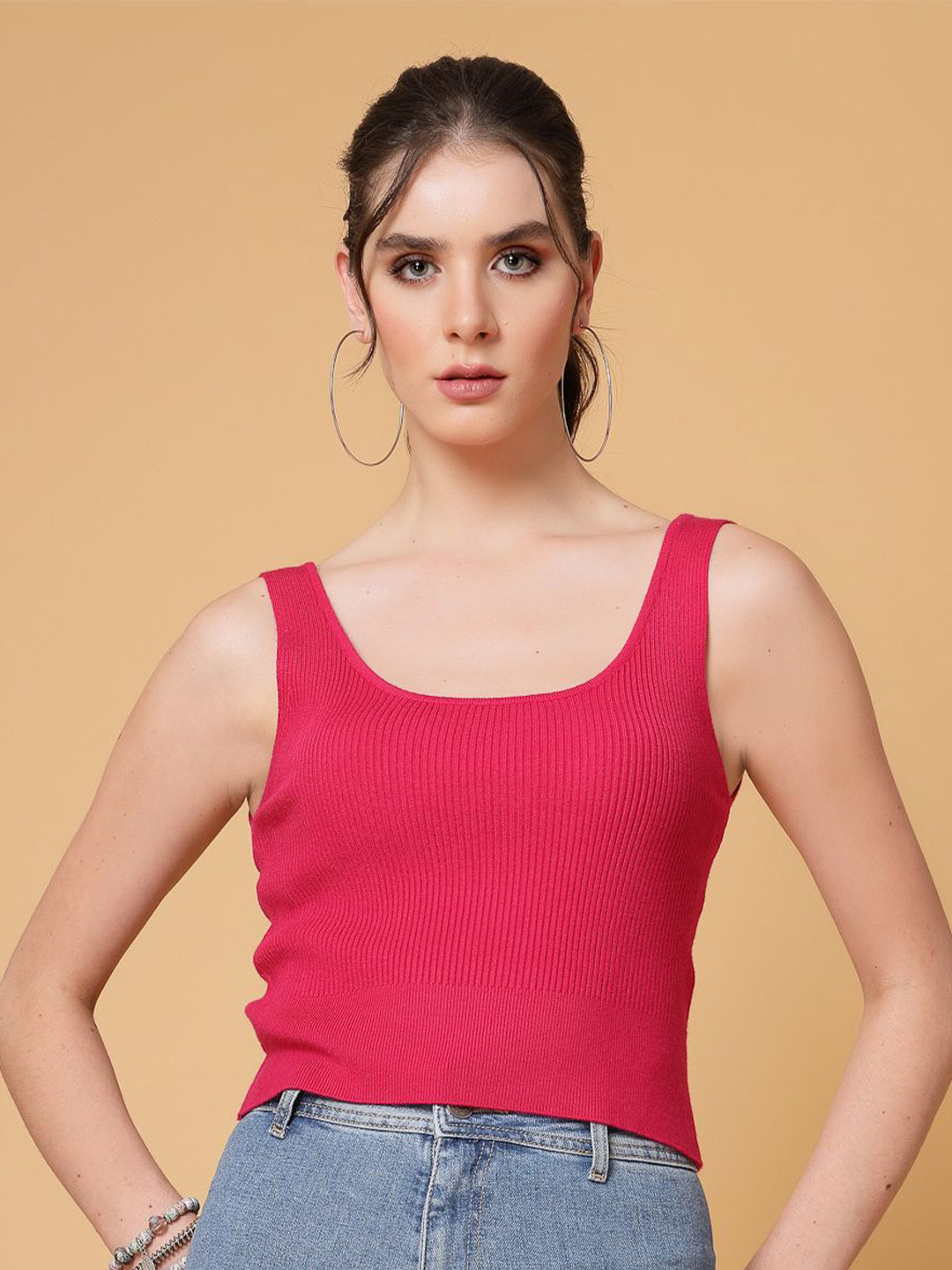 Mafadeny Women Sleeveless Scoop Neck Ribbed Knit Tank Top
