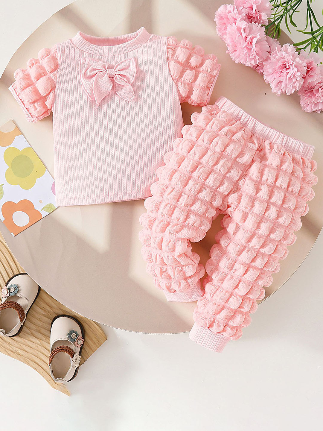 LULU & SKY Girls Bow Detail Top & Textured Pyjamas Night Suit