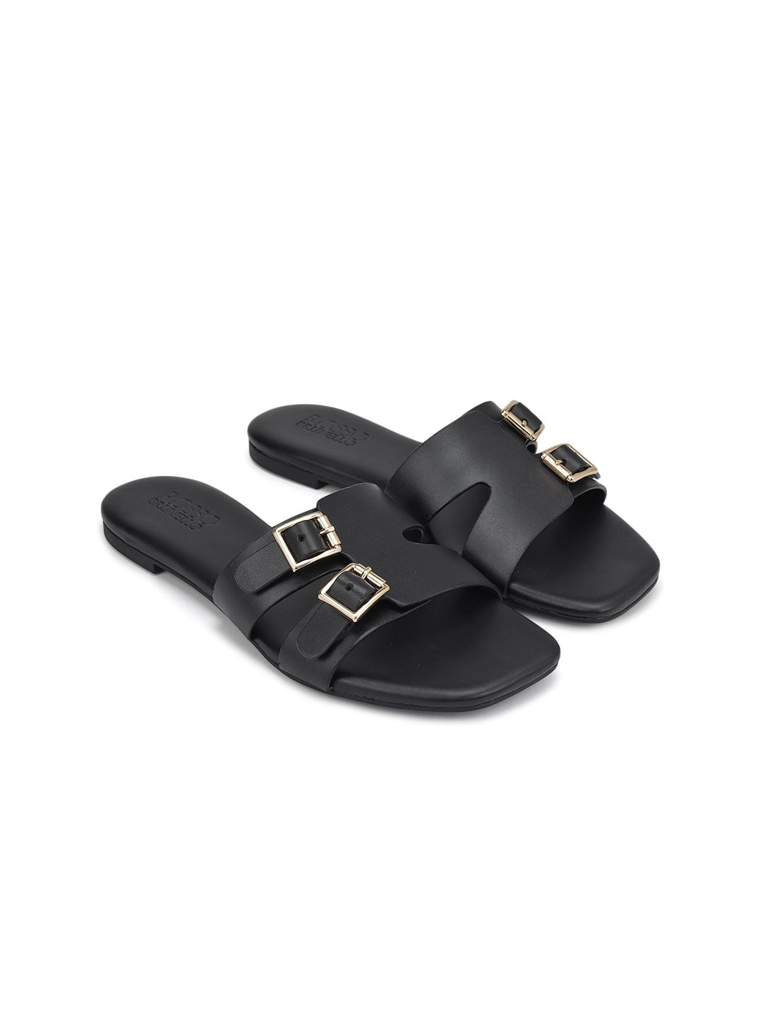 ROSSO BRUNELLO Women Solid Square Toe Leather Open Buckle Flats