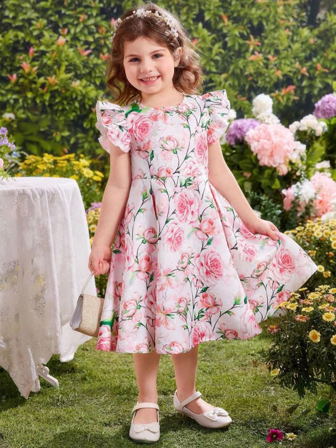YK Girls Floral Printed Rose Revival Flutter Sleeves Fit & Flare Midi Dress