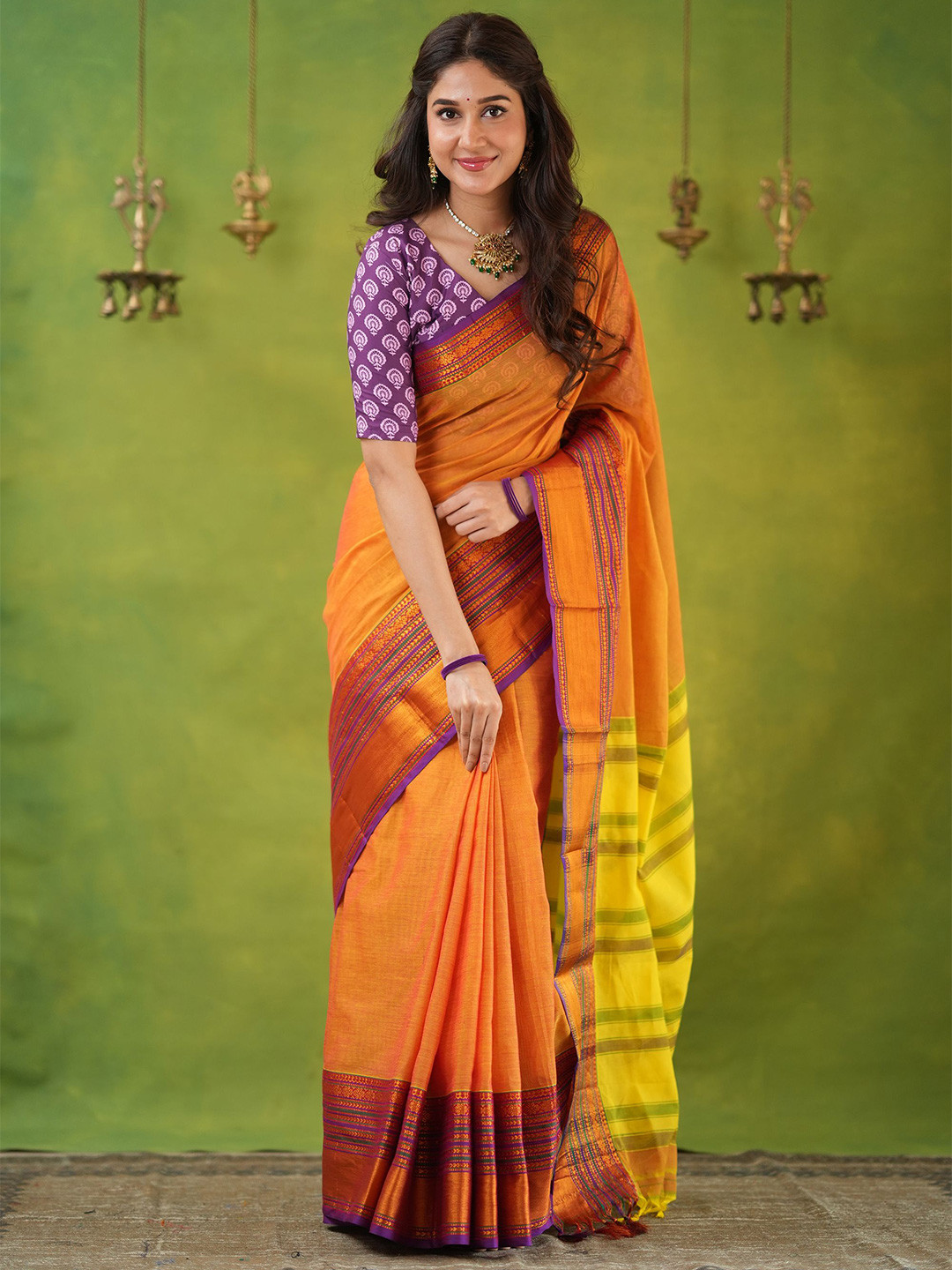 RAAG VARNAM Mustrad Yellow Narayanpet Mercerized Cotton Saree