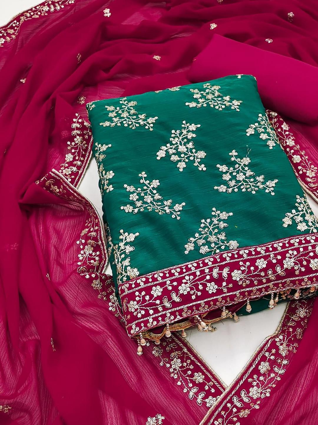 Maroosh Floral Embroidered Sequinned Zomata Silk Unstitched Dress Material