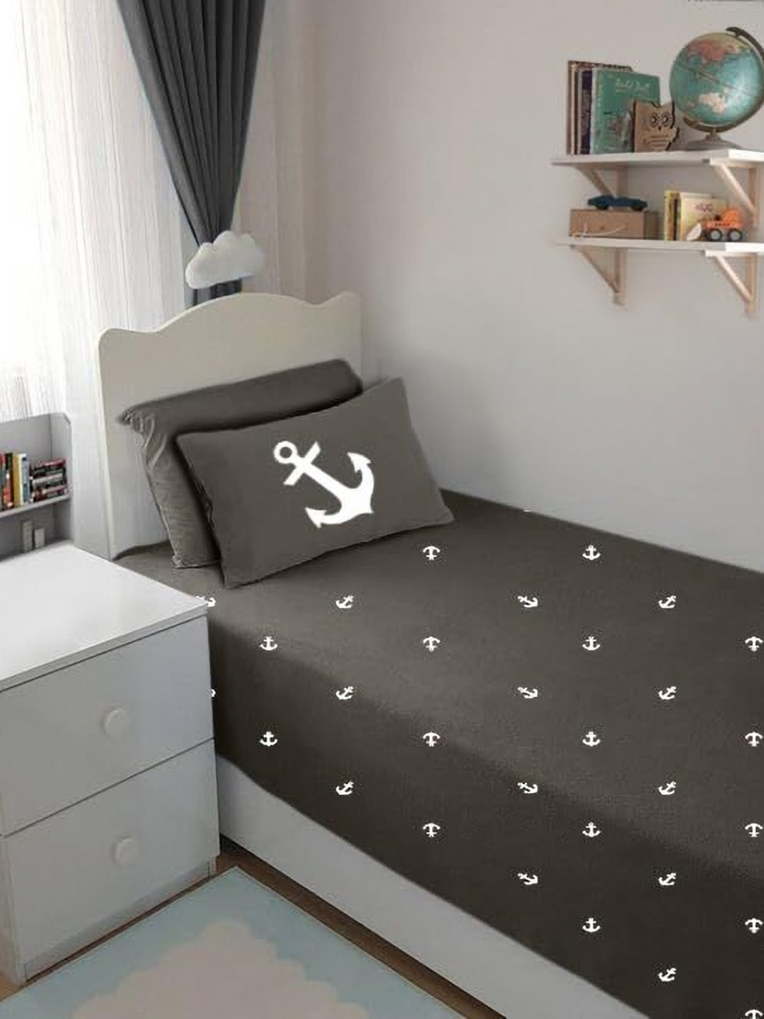 Bodycomfy Jersey Charcoal Printed Cotton Fitted 400TC King Bedsheet Set 1.16m x 0.91m