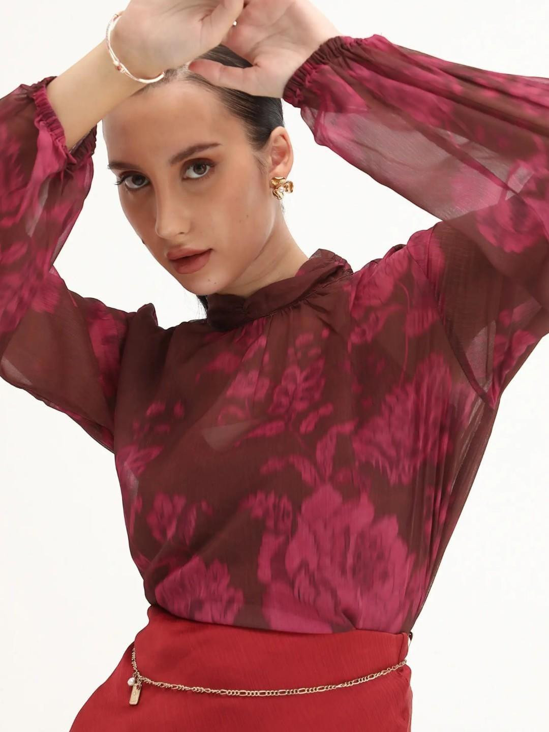 RAREISM Women Floral Printed High Neck Puff Sleeves Relaxed A-Line Top
