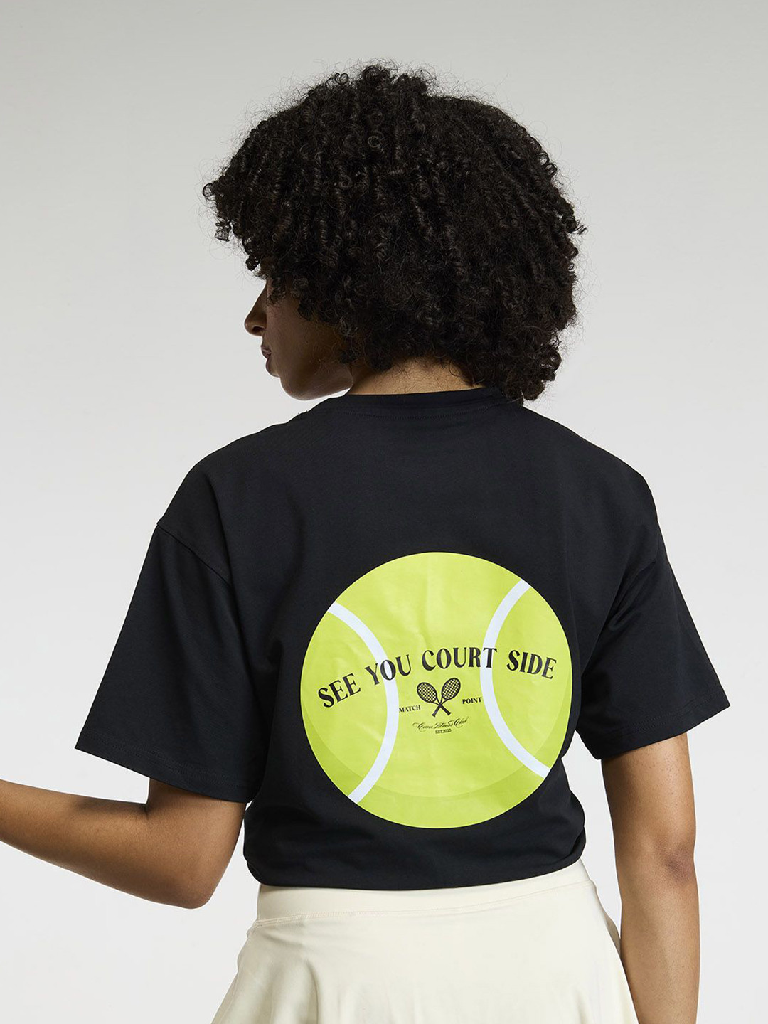 CAVA Women Black Courtside Oversized Printed Cotton-Spandex Tee