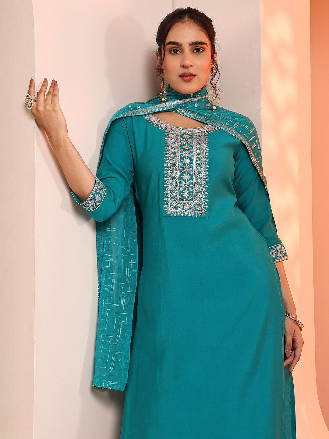 Gerua By Libas Ethnic Motifs Embroidered Thread Work Kurta With Trousers & Dupatta