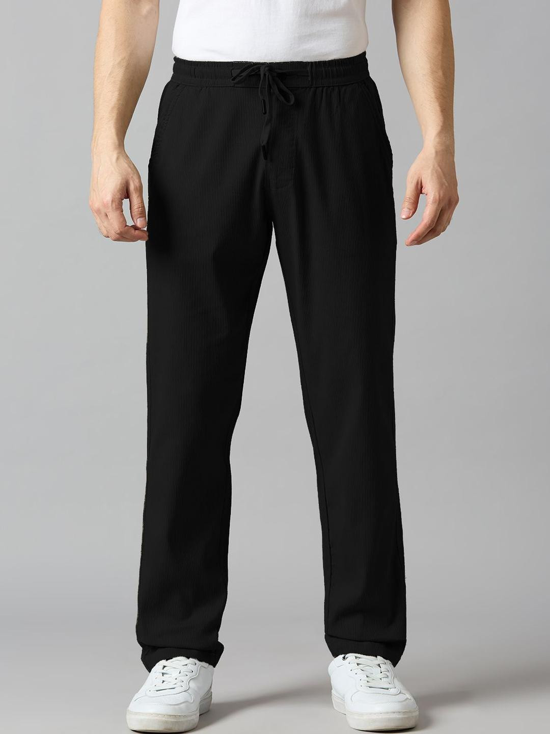TCI Men Striped Relaxed Mid-Rise Linen Corduroy Trousers