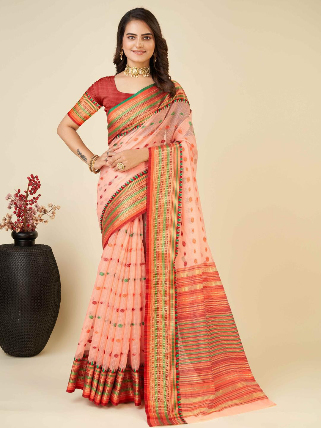 VARNI FABRICS Woven Design Silk Blend Ikat Saree