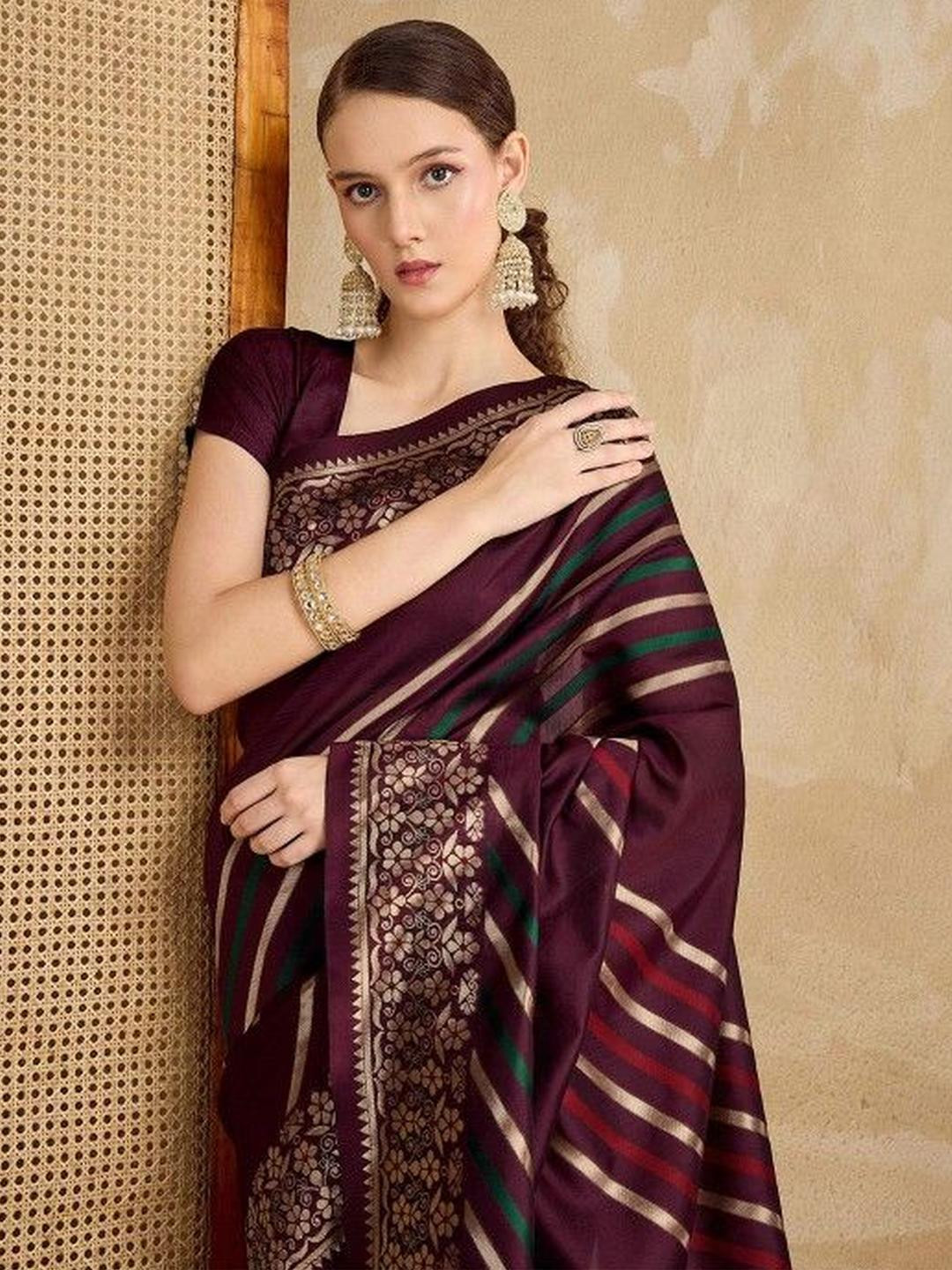 KARAGIRI Maroon Silk Blend Banarasi Woven Saree With Tassels