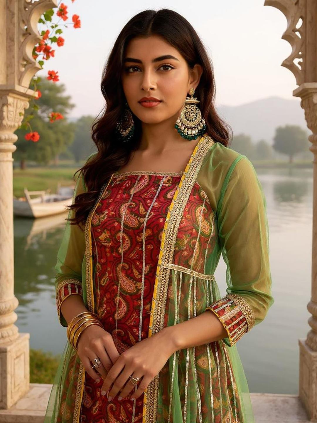 SZN Women Printed Pure Cotton Kurta with Sharara With Organza Jacket & Potali Bag