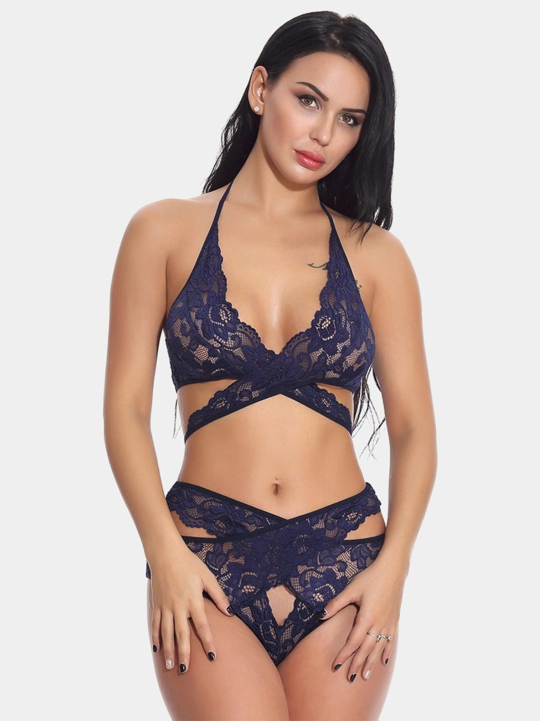 Ribald The Neech Blue Lace Cross-Strap Bralette With Matching High-Waist Cut-Out Panty Set