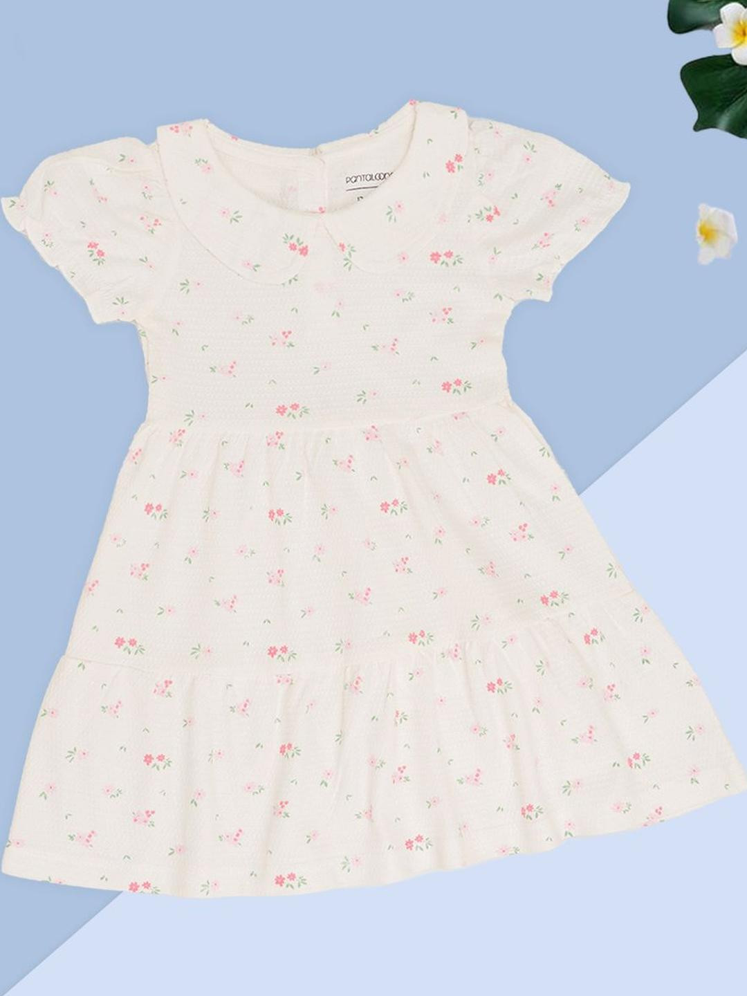 Pantaloons Baby Girls Floral Printed Smocked Peter Pan Collar Cotton Fit & Flare Dress