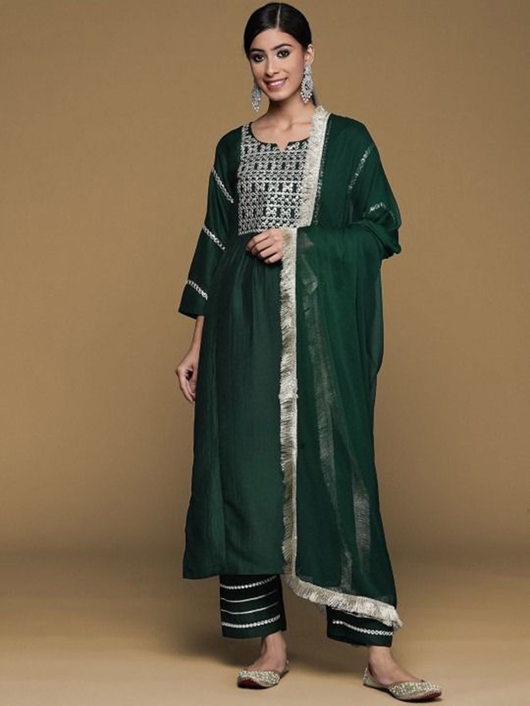 House of Pataudi Women Embroidered kurta with Tonal Trousers & Tonal Dupatta