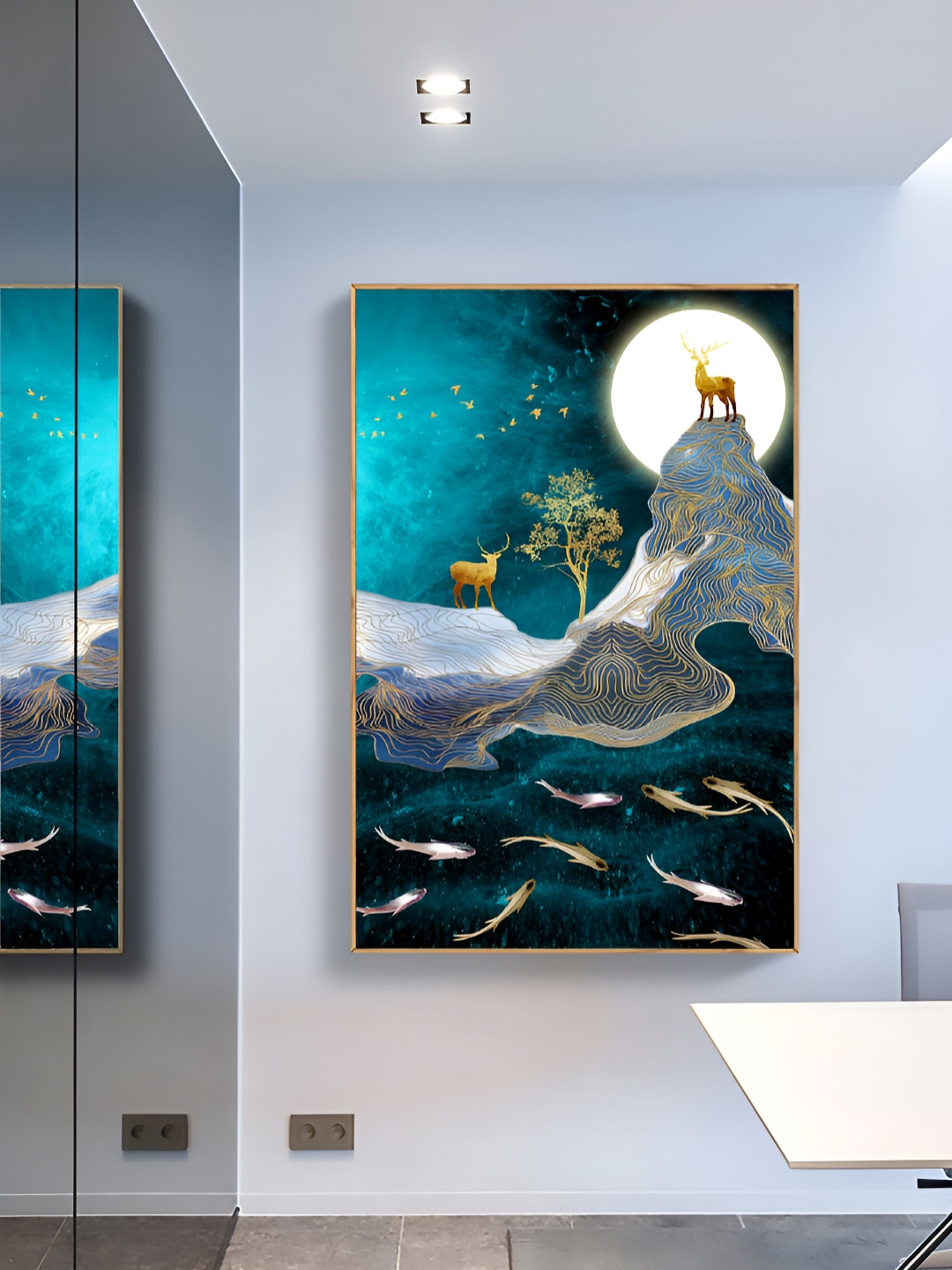 Myntra Elegant Homes Gold-Toned Deer On the Top Of the Mountain With Moon Canvas Wall Art
