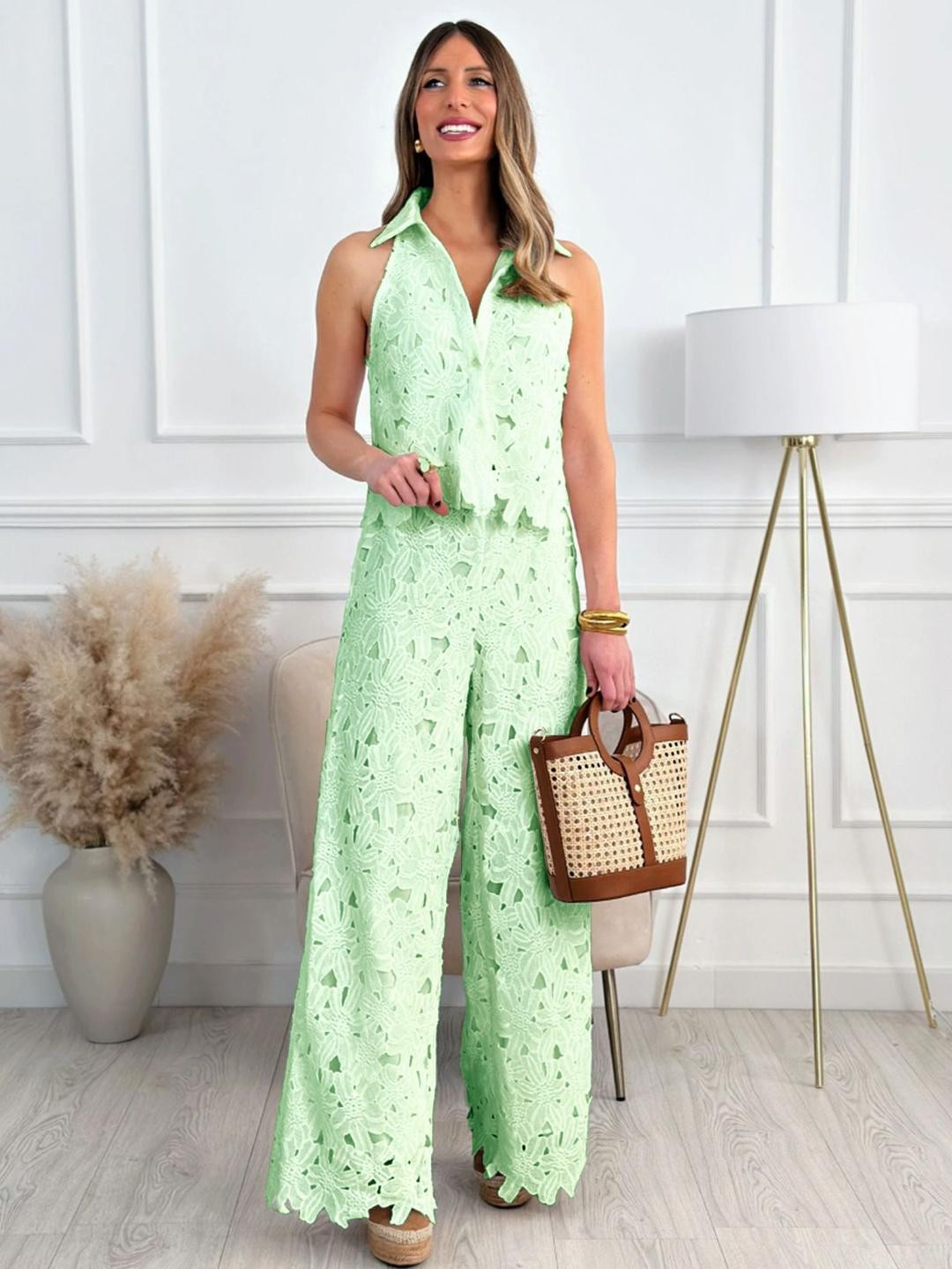 MIAKEE Embroidered Collared Neck Sleeveless Top With Palazzos Co-Ords