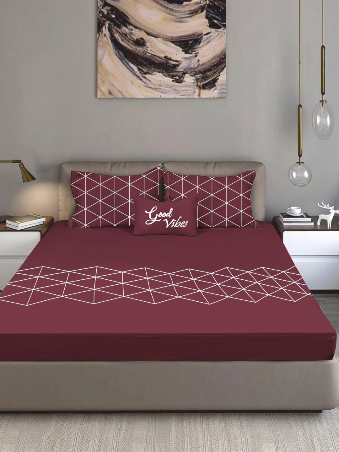 Bodycomfy Jersey Maroon & White Geometric Pure Cotton 400 TC King Bedsheet Set 1.98mx1.82m