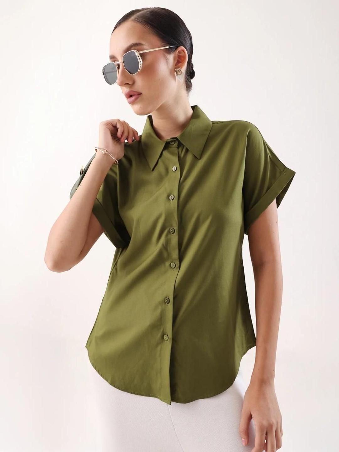 RAREISM Women Olive Regular Plain Half Sleeve Spread Collar Shirt