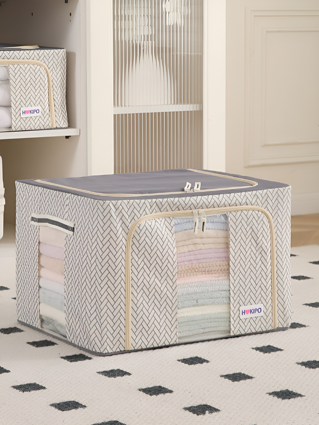 HOKIPO Cream-Coloured Set of 1 Cloth Storage Box Organisers for Wardrobe - 66L