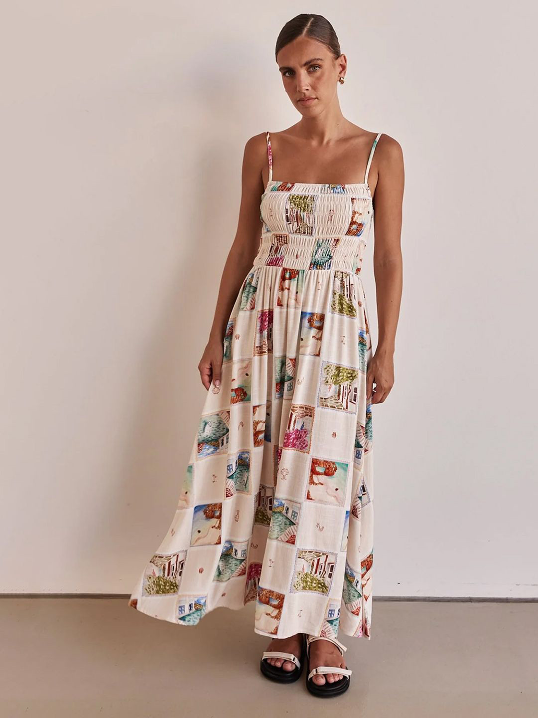 JC Mode Women Graphic Printed Shoulder Straps Smoked Fit and Flare Maxi Dress