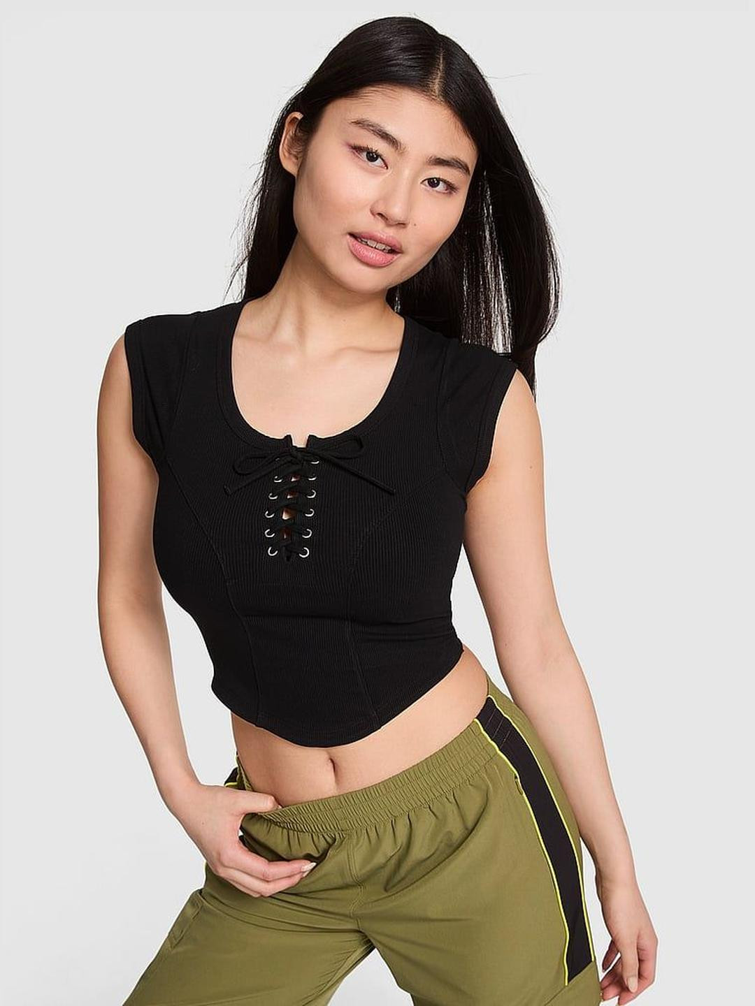 Victoria's Secret Women Ribbed Lace-Up Neck Crop Top