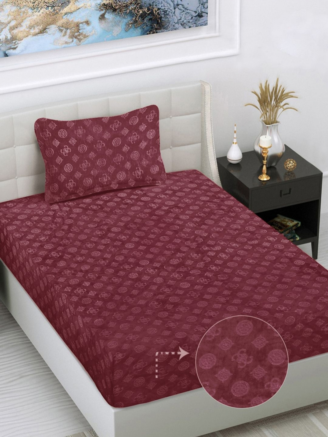 Myntra Elegant Homes Maroon Printed Woollen 300 TC Single Bedsheet Set 2.25 m X1.5 m