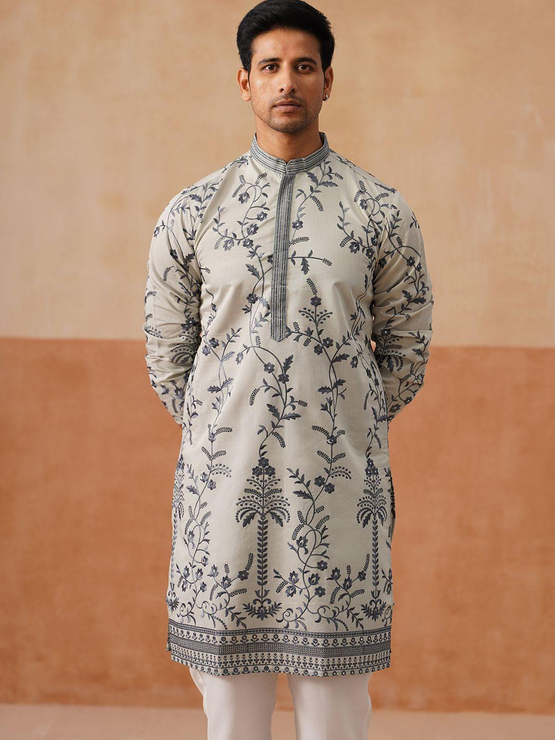 Jompers Floral Embroidered Mandarin Collar Thread Work Straight Kurta With Pyjamass