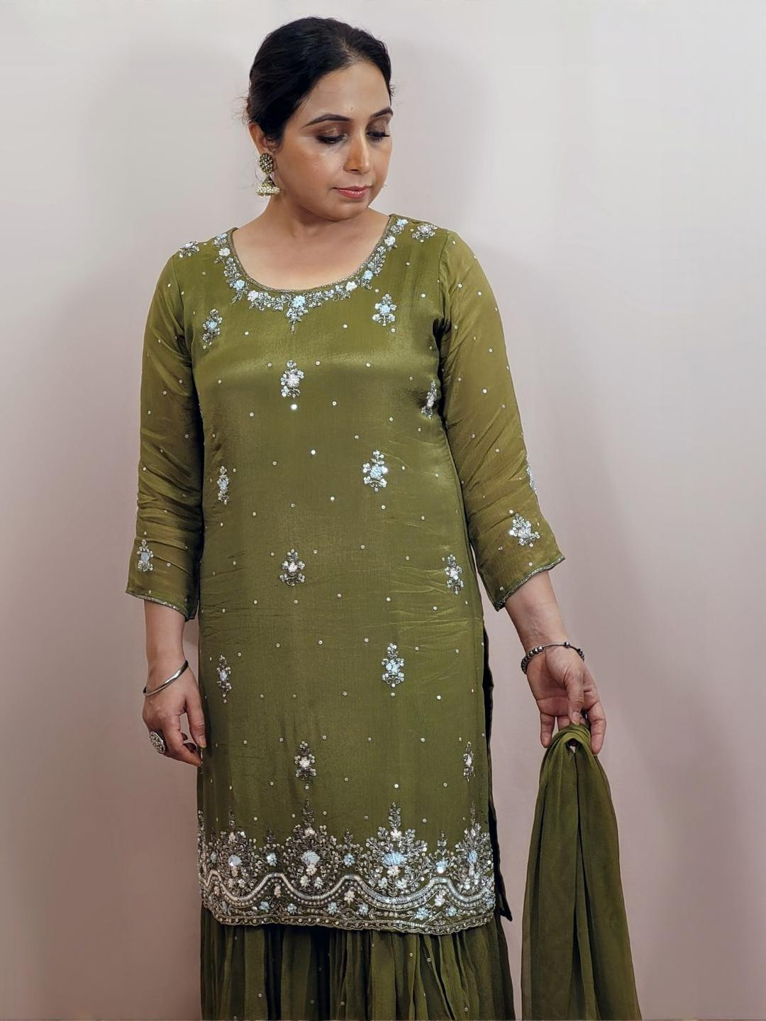 SAKSHI- The Wedding Store Women Embroidered Thread Work Kurta with Sharara & Dupatta