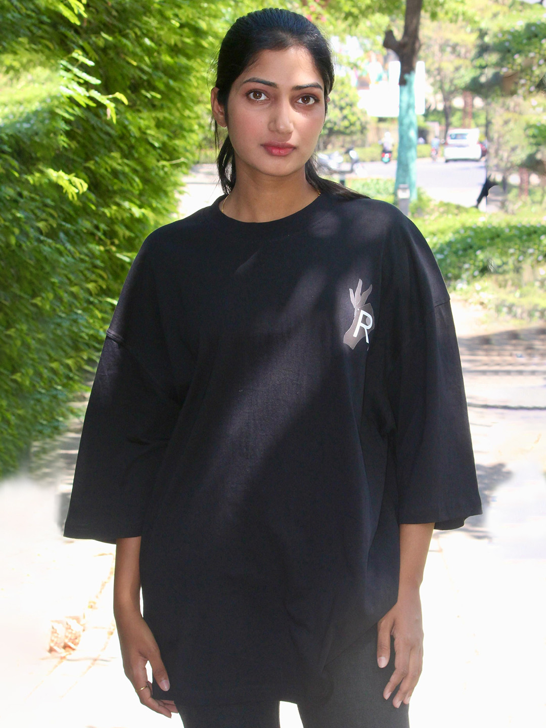BANGS AND CRACKLES Women Solid Round Neck Cotton Oversized T-shirt