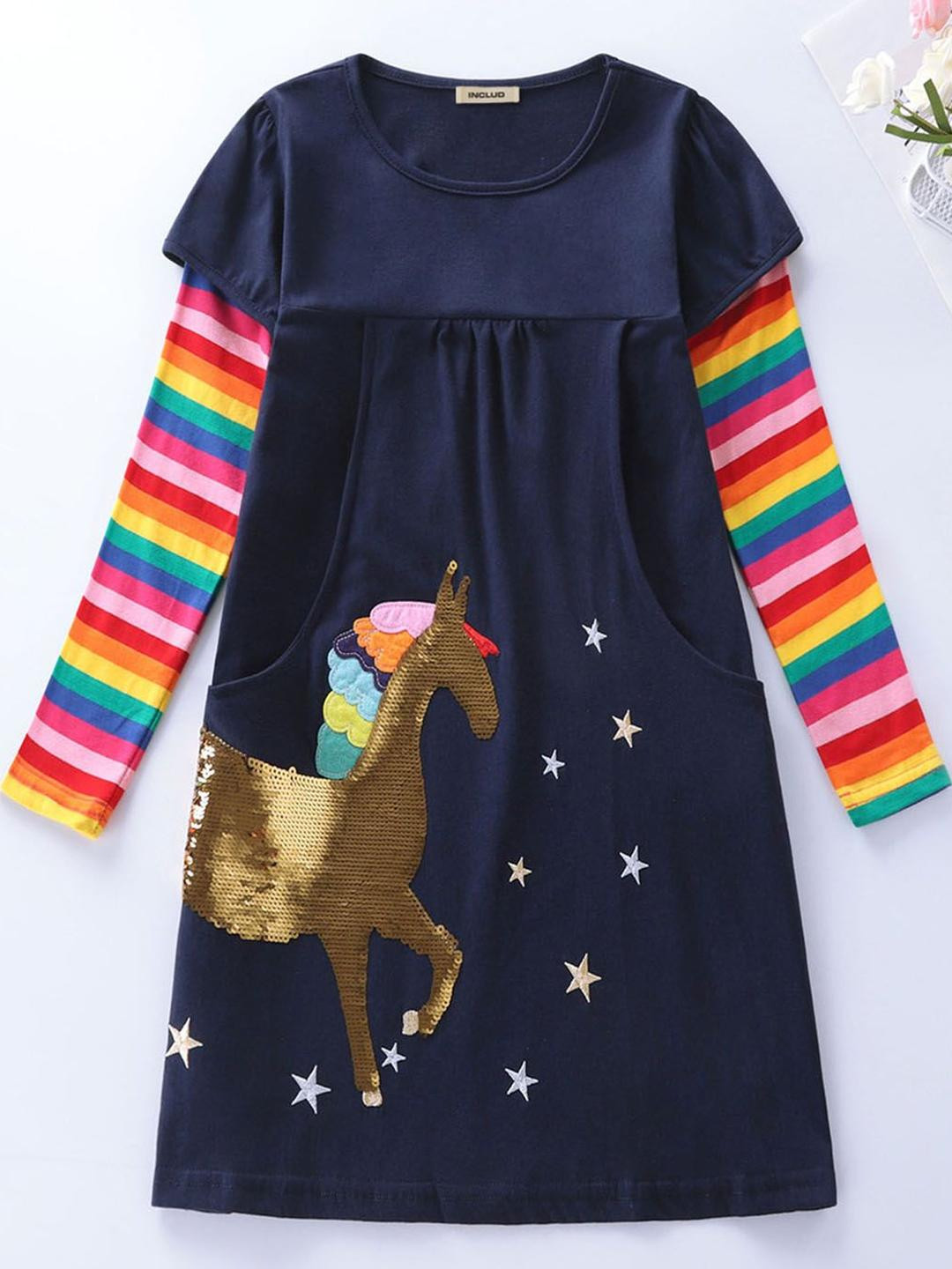 INCLUD Girls Round Neck Embellished Sequined Rainbow Stripe Empire Dress