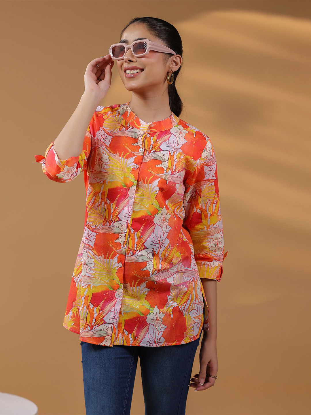 Rain & Rainbow Women Floral Printed Mandarin Collar Cotton Top 2848-SS-1493-02