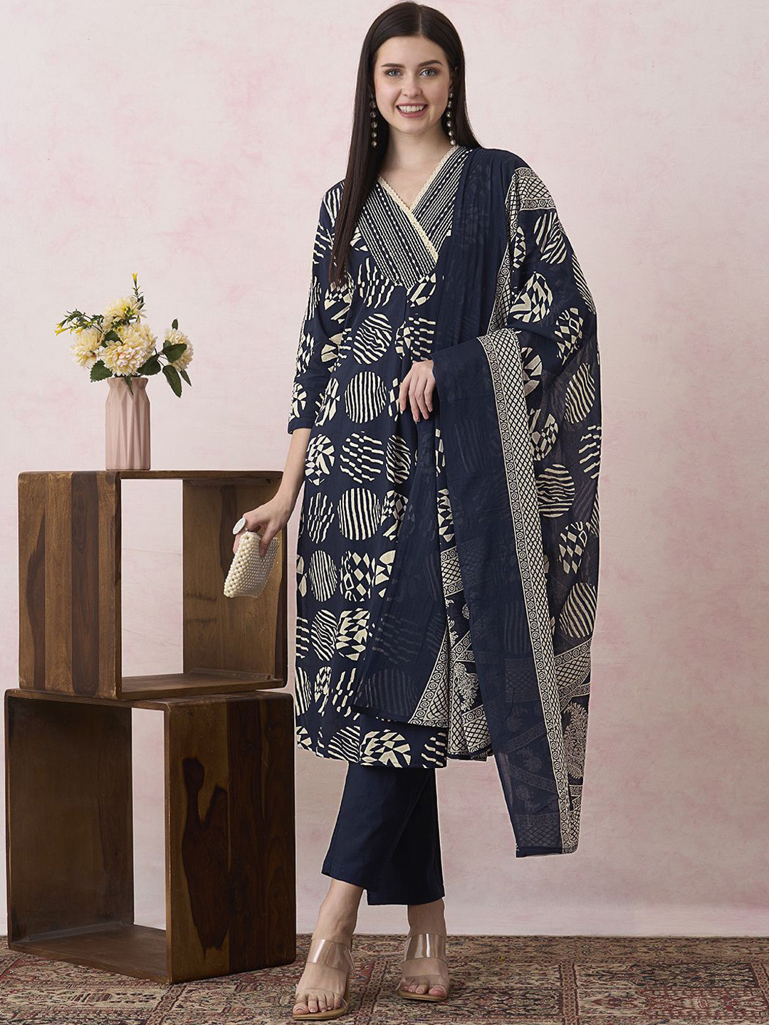 FASHOR Abstract Printed A-Line Thread Work Pure Cotton Kurta With Trousers & Dupatta